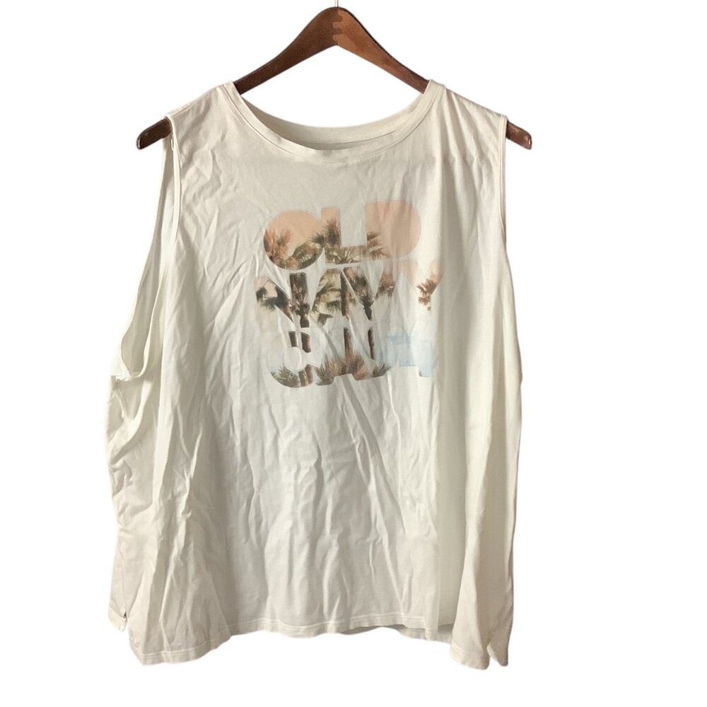 Old Navy Womens Graphic Tank Top‎ Size 4X White Palm Tree Print Sleeveless